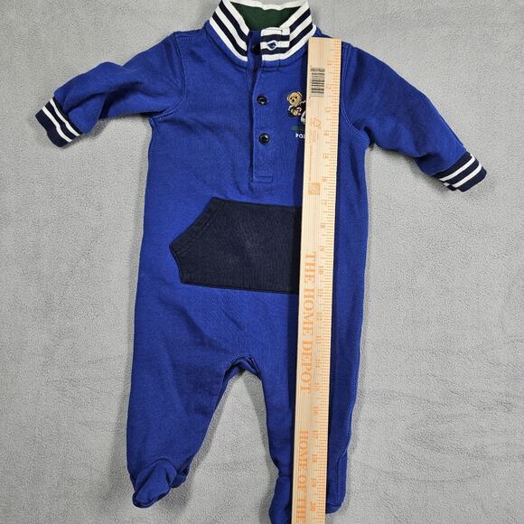 Ralph Lauren Boys 3 Months Blue Football Bear Rugby Polo One Piece Romper Snaps - Picture 9 of 10